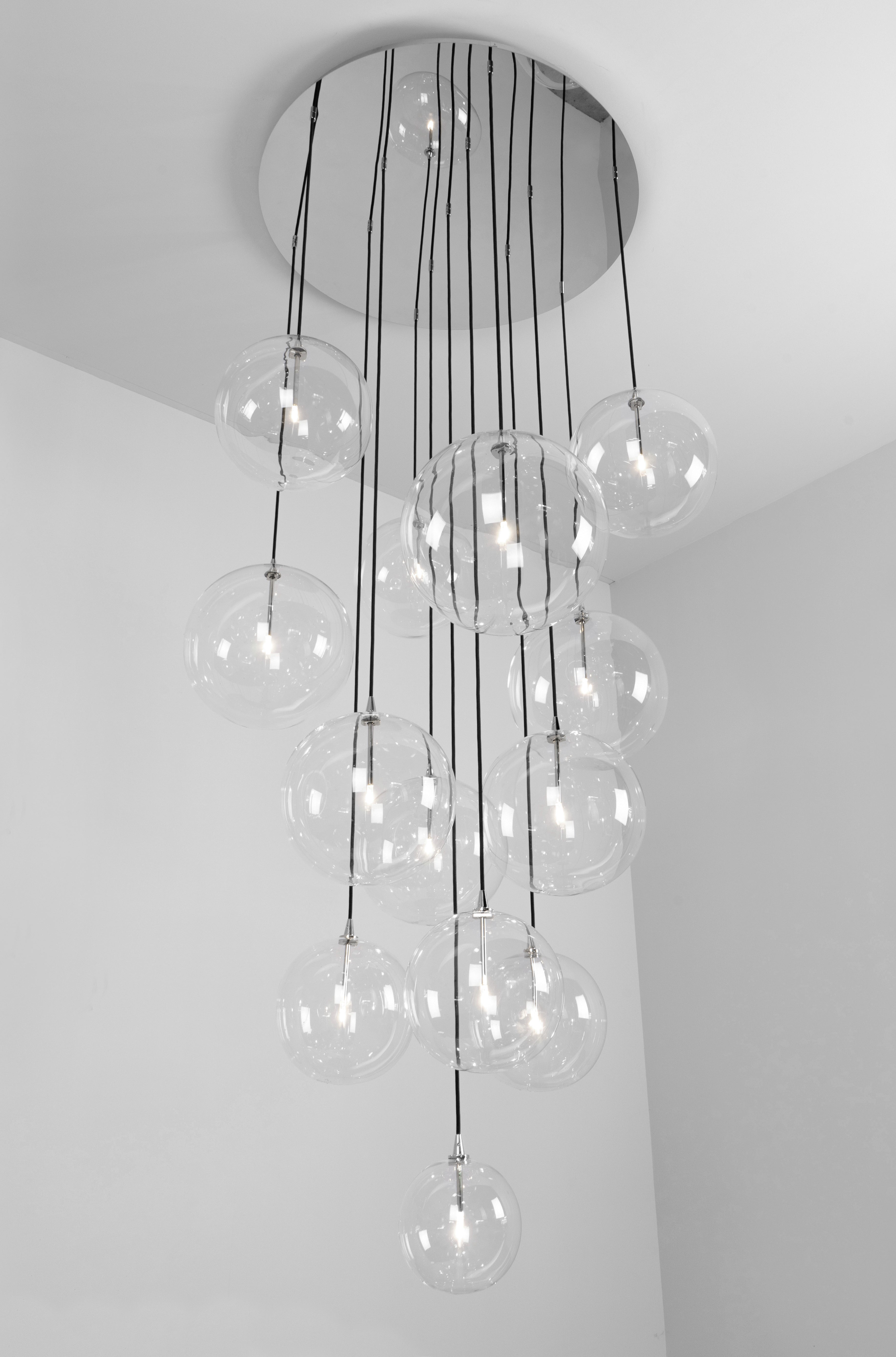 Schwung Cluster 13 Polished Nickel Transparent Globe Mix Chandelier